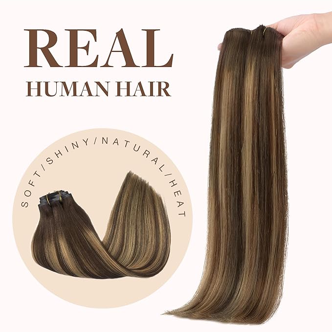 GOO GOO Clip in Hair Extensions Real Human Hair, Remy Human Hair Extensions Clip ins for Women, Natural Human Hair, 20inch 180g 9Pcs, #4/27/4 Balayage Chocolate Brown to Caramel Blonde