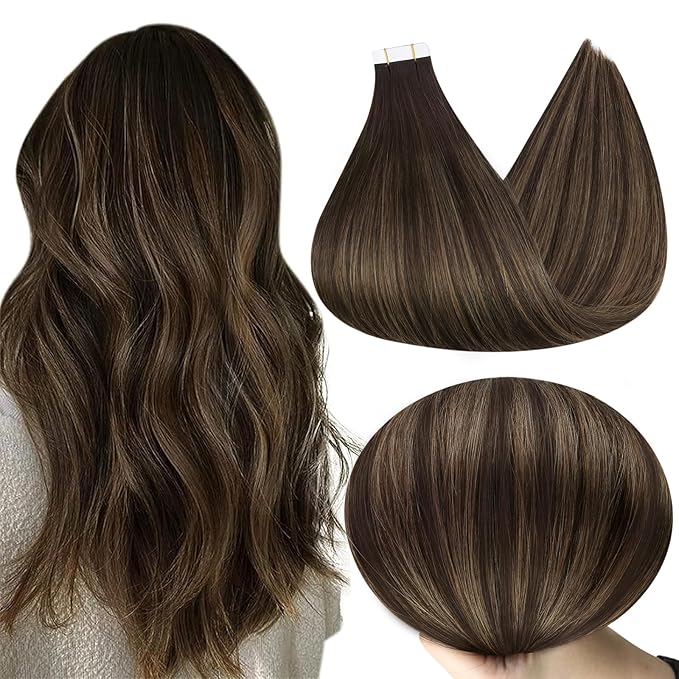 Full Shine Tape Hair Extensions Real Human Hair 22 Inch Tape in Balayage Hair Extensions Color 2 Darkest Brown Fading to 8 Ash Brown Highlight 2 Pu Human Hair Extensions Invisible Tape ins 50G 20Pcs