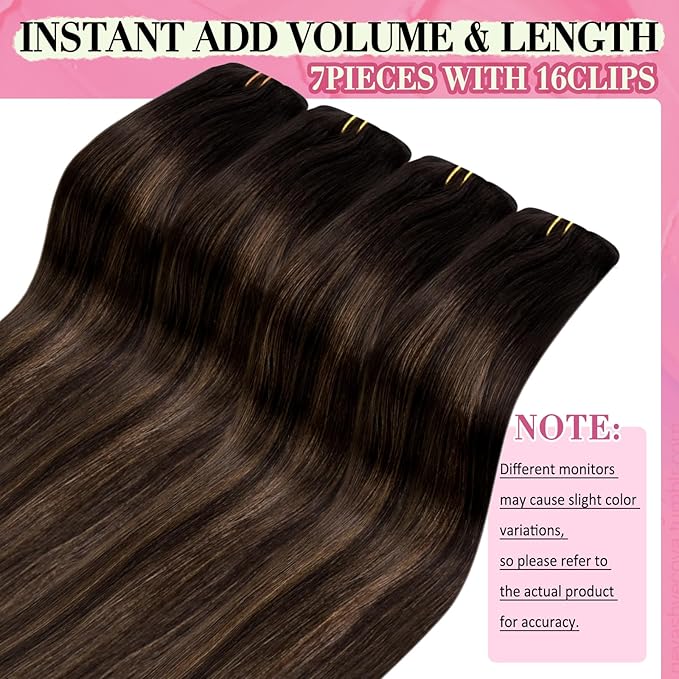 YoungSee Clip in Hair Extensions Balayage Dark Brown Mix Medium Brown Real Human Hair Extensions Clip ins Brunette Clip in Hair Extensions Human Hair for Women 24Inch 120G 7Pcs