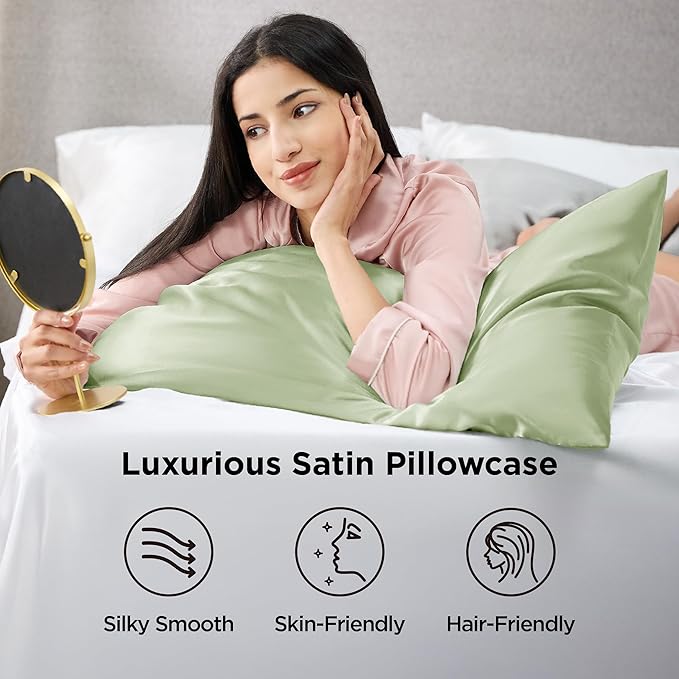 Bedsure Satin Pillowcase 2 Pack Similar to Silk Pillow Cases Standard Size, Pillow Case for Sleeping Women with Envelope Closure, Gifts for Women Men, Sage Green, 20x26 Inches, 2pcs