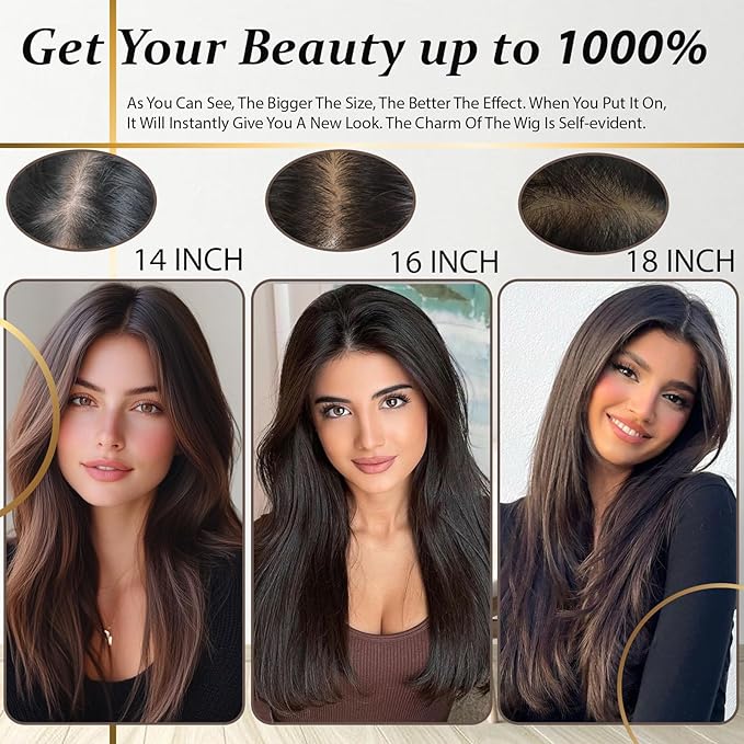 Hair Toppers for Women Real Human Hair, 360° 3D Human Hair Toppers for Women with Thinning Hair Upgrade Middle Part Clip in Bangs (Light Brown NEW, 18 Inch-3D-Side)