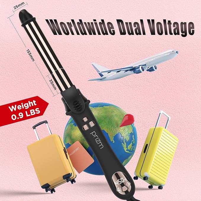 Prizm Nano Titanium Automatic Rotating Curling Iron 1 Inch Worldwide Dual Voltage Curling Wand 11 Temperature Hair Iron Effortless Curls Spinning Barrel LCD Display Negative Ions 360° Swivel Cord