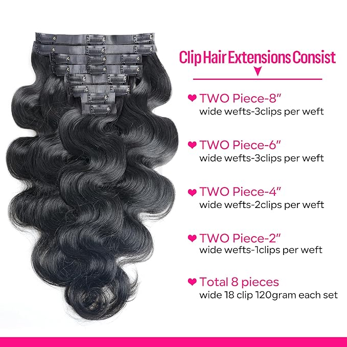 Seamless Clip in Hair Extensions Human Hair Body Wave Human Hair Clip ins for Black Women 8Pcs Invisible Skin Weft 18Clips 120g 16inch Natural Black