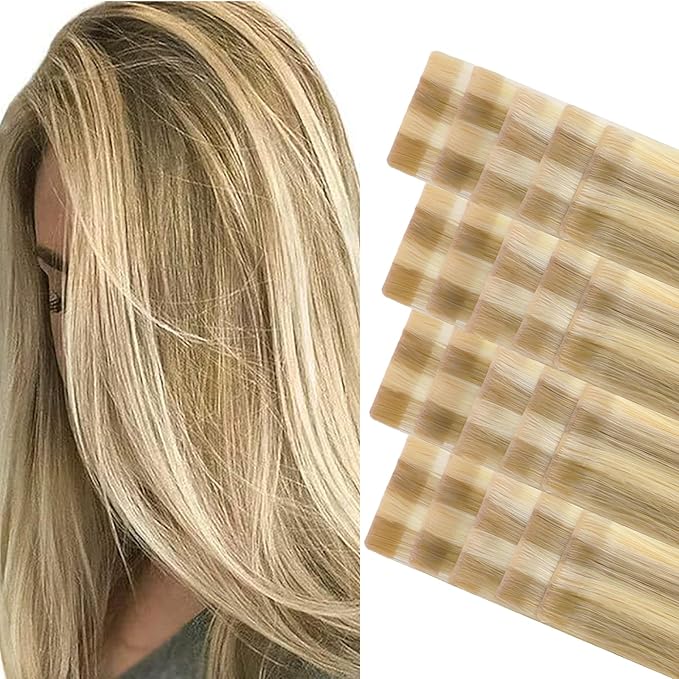 GOO GOO Invisi Edge Tape in Hair Extensions Human Hair, 16/22 Light Blonde Highlighted Golden Blonde 20pcs 10inch 30g, Virgin Remy Hair, Seamless Injected Tape, Natural Look