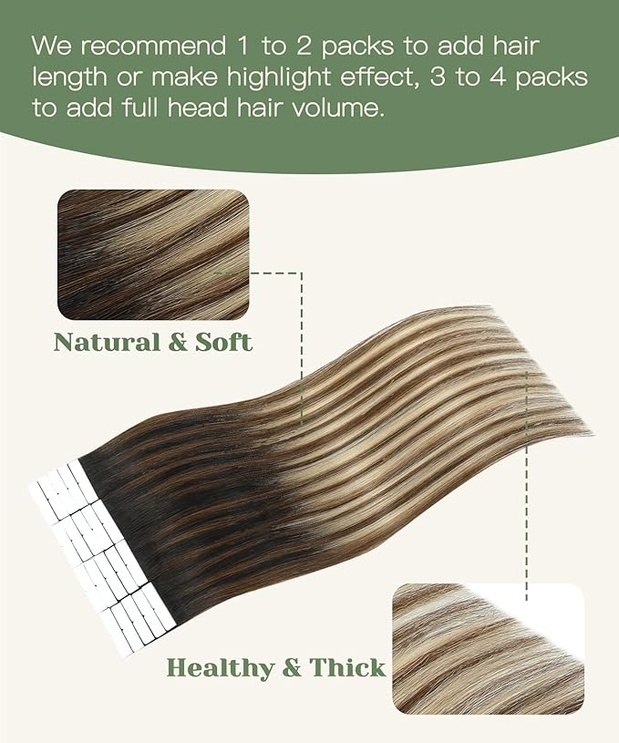 SURNEL Invisible Tape in Hair Extensions 20 Inch Natural Black to Medium Brown and Caramel Blonde Injected Tape in Extensions Human Hair 20 Pcs 45g(#1B427,20)