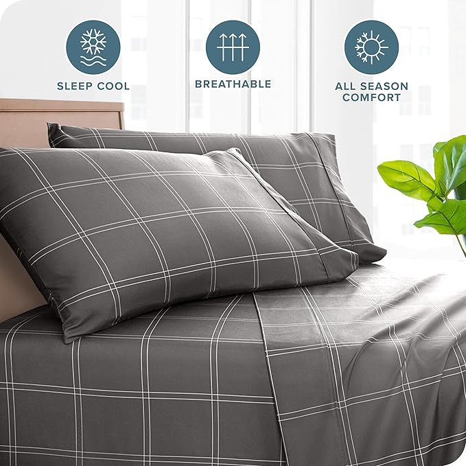 Bare Home Microfiber Pillow Cases - Standard/Queen Size Set of 2 - Cooling Pillowcases - Double Brushed - Pillowcases 2 Pack - Easy Care (Standard, Modern Plaid - Grey/White)