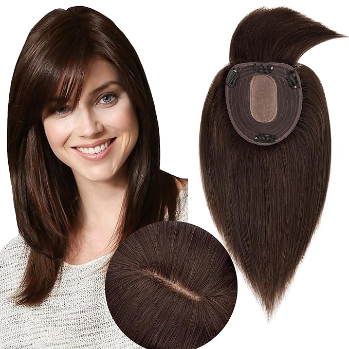 Hair Toppers for Women Real Human Hair With Bangs, 13 * 15 cm Larger Silk Base 150% Density Clip In Topper Hairpieces, Wiglet Top Pieces Add Volume /10 Inch 02 Dark Brown