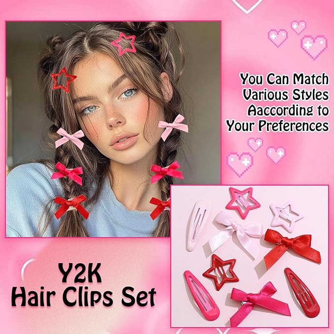 36Pcs Hot Pink Mini Bow Hair Clips Red Star Snap Hair Barrettes Water Drop No Slip Hair Clips for Women 3 Color Small Hair Bows Star Bowknot Hair Accessories for Girls