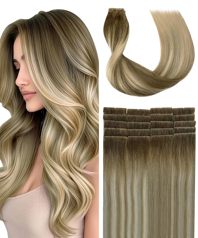 SURNEL Injected Invisible Tape in Hair Extensions 16 Inch Walnut Brown to Ash Brown and Golden Blonde Seamless Invisible Tape in Extensions 20 Pcs 35g(#3822,16)