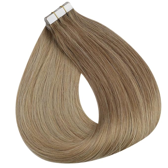 Full Shine Invisible Tape in Hair Extensions Balayage Golden Blonde Highlight Double Sided Tape in Extensions 22Inch 20Pcs 50Grams Seamless Tape Ins Human Hair Extensions for Wedding