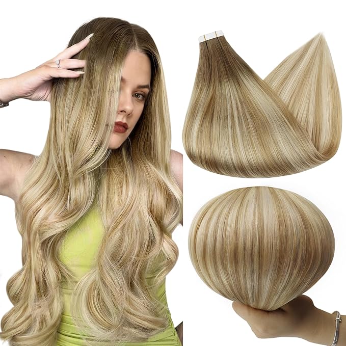 Full Shine Tape in Hair Extensions 16Inch Tape in Human Hair Extensions Brown 6 Fading to 27 And 60 Platinum Blonde Balayage Real Seamless Invisible Hair Eaxtensions Tape in 20Pcs 50G