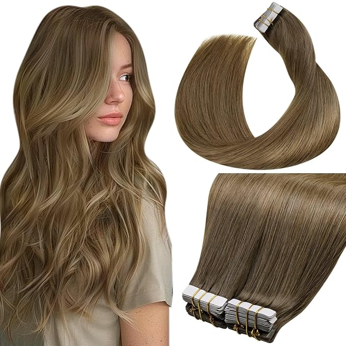 LaaVoo Tape in Extensions Human Hair Invisible Tape in Hair Extensions Human Hair Balayage Light Brown to Golden Brown 14 Inch 100g 40pcs