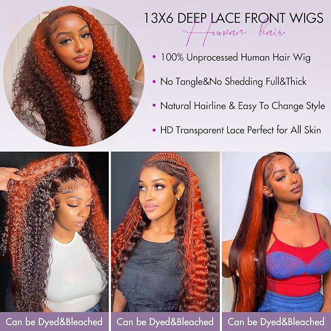 250 density Ginger Deep Wave Lace Front Wigs Human Hair Pre Plucked Hairline Glueless Wigs for Women 13x6 HD Lace Front Wigs Ginger Orange Curly Human Hair Wig Brazilian Hair 26 Inch
