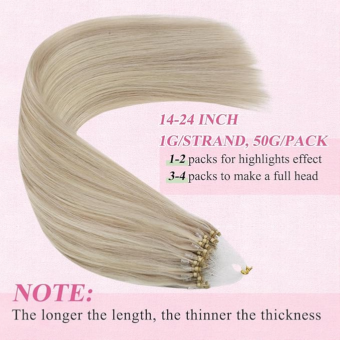 YoungSee Micro Link Hair Extensions Human Hair Blonde Micro Bead Hair Extensions Real Human Hair Blonde Highlights Ash Blonde Micro-Ring Hair Extension Silky Straight 18In Bead Hair Extension 50g 50s