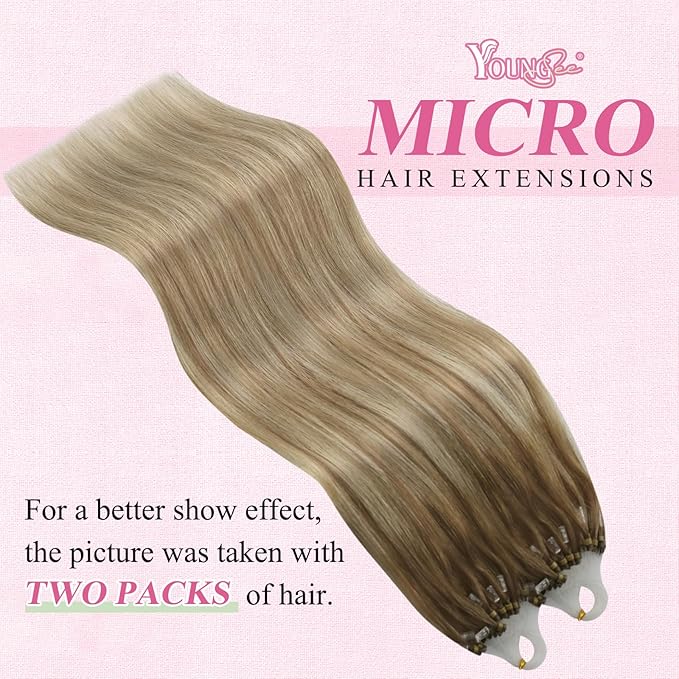 YoungSee Microlink Hair Extensions Human Hair Ombre Nicro Bead Hair Extensions Real Human Hair Brown with Blonde Balayage Micro Ring Human Hair Extensios 14In 50s 50g Pre Bonded Hair for Short Hair