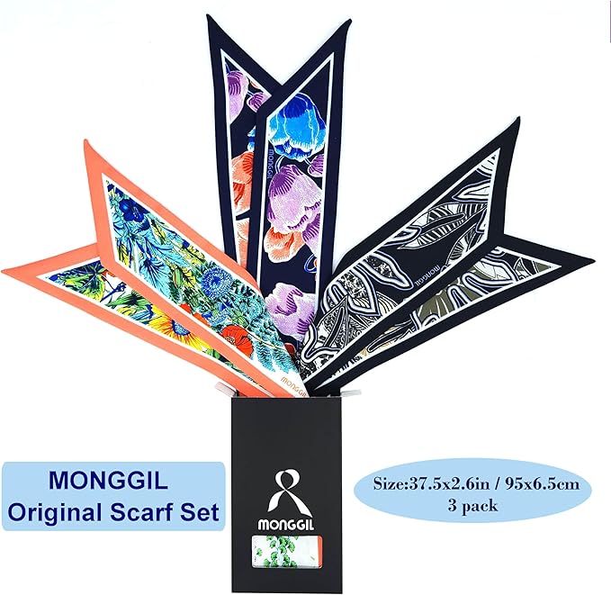 Skinny Scarf 3 Pack for Women – Bag Scarf, Silk Hair Scarves (Original Prints, Premium Twill, 3 Designs)
