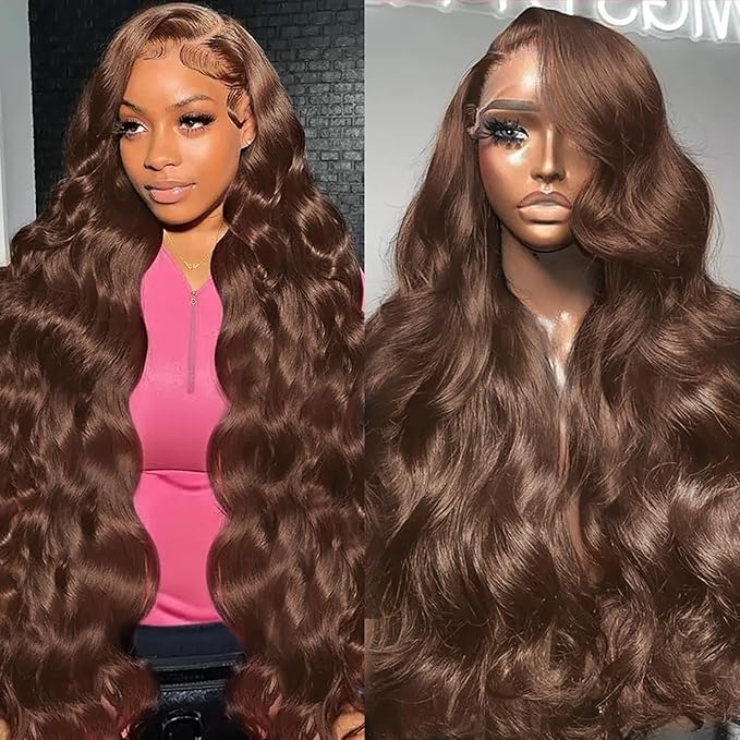 34 Inch Chocolate Brown Body Wave Lace Front Wigs Human Hair 200 Density 13x6 HD Lace Frontal Wigs Human Hair Brown Glueless Wig For Women Pre Plucked with Natural Hairline