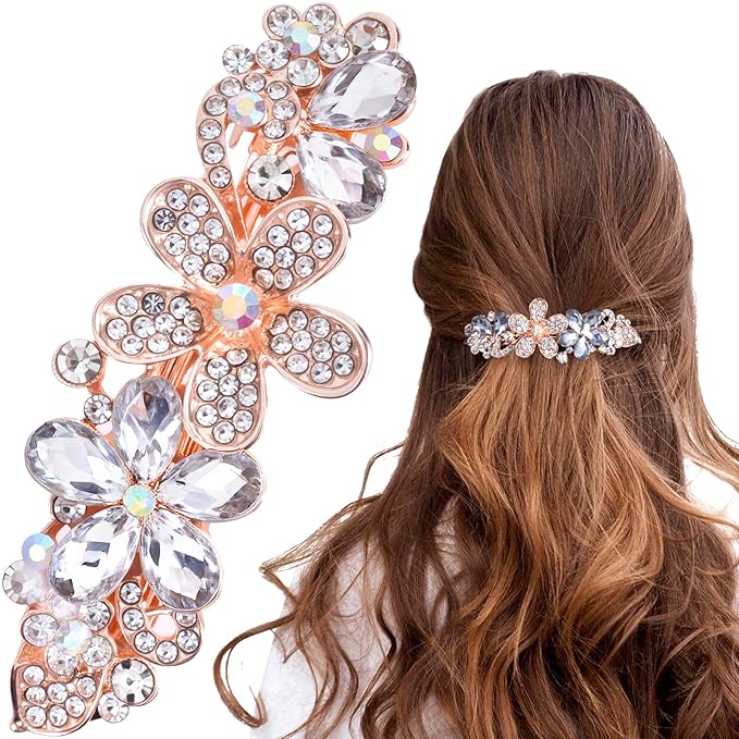 Joez Wonderful Rhinestone Hair Clip Sparkly Crystal Barrettes French Wedding Prom Engagement Pageant First Communion Hair Decorative Accessories for Women Bride Thick Long Hair (Flower White, 1 Pcs)