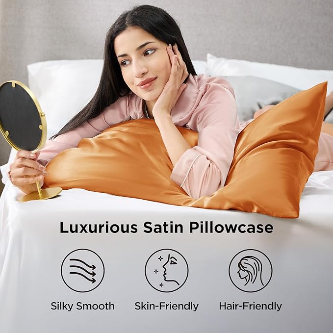 Bedsure Satin Pillowcase 2 Pack Similar to Silk Pillow Cases Standard Size, Pillow Case for Sleeping Women with Envelope Closure, Gifts for Women Men, Orange, 20x26 Inches, 2pcs