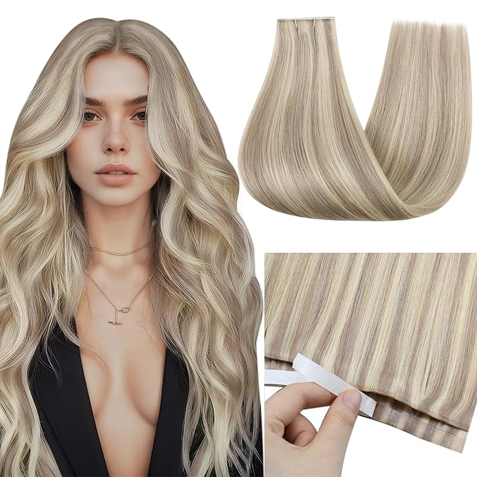 Full Shine Tape in Weft Hair Extensions Human Hair Color 18 Ash Blonde Highlight 613 Blonde Genius Weft Tape in Extensions Long Tape Weft for Daily Office Look Lightweight 18Inch 50G One Piece