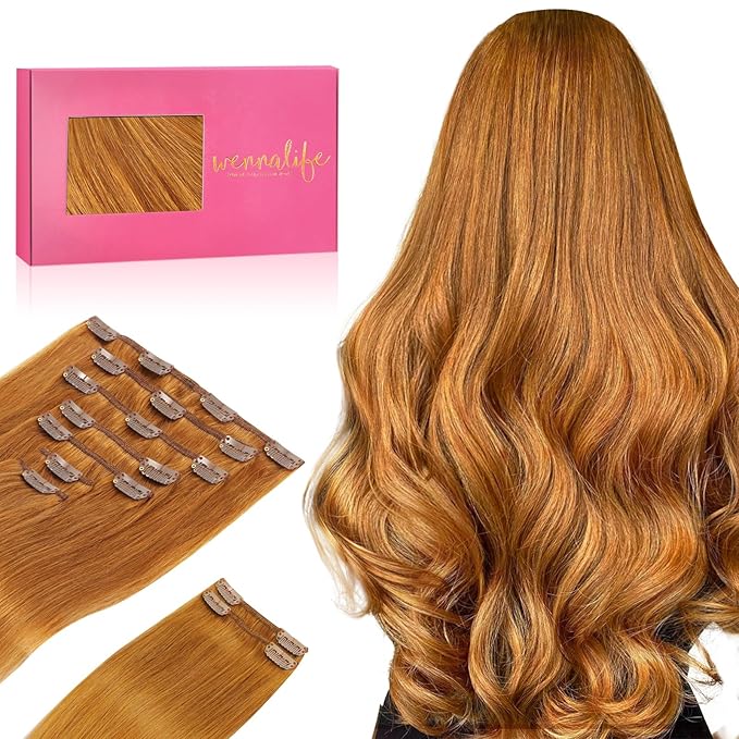 WENNALIFE Clip in Hair Extensions Real Human Hair, 16 Inch 150g 9pcs Human Hair Extensions Clip In, Auburn Ginger Hair Extensions Clip In Real Hair Coloured Remy Human Hair Extensions