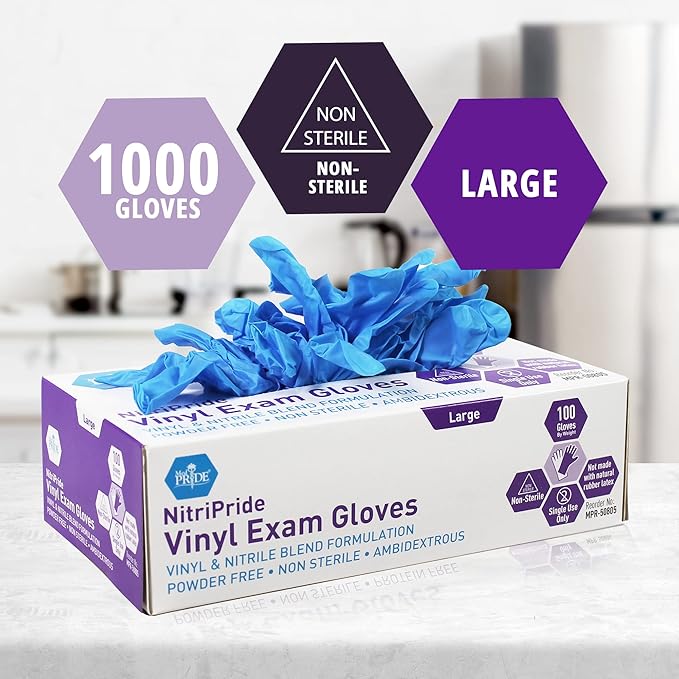 MED PRIDE Disposable Powder Free Non Latex Single Use Medical Exam Gloves, Nitrile Vinyl Blend for Cleaning and Food Handling