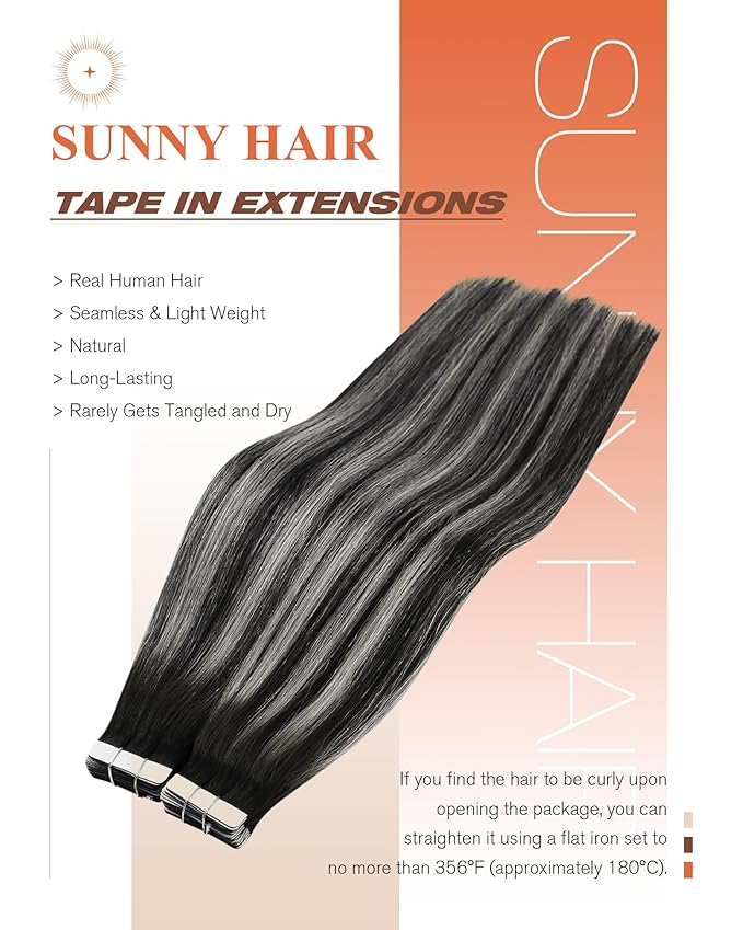 Sunny Hair Tape in Hair Extensions Real Human Hair Invisible Remy Hair Extensions Tape ins for Women Natural Black Roots to Silver Grey Balayage 12 inch 20Pcs