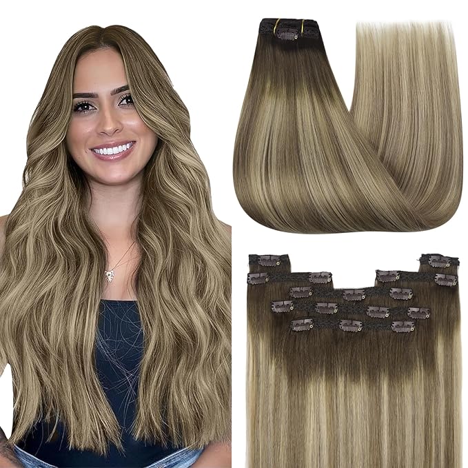 YoungSee 135G Clip in Hair Extensions Real Human Hair Ombre Brown Clip in Human Hair Extensions Walnut Brown Ombre Light Brown with Blonde Balayage Clip ins Hair Extension 18inch 7pcs