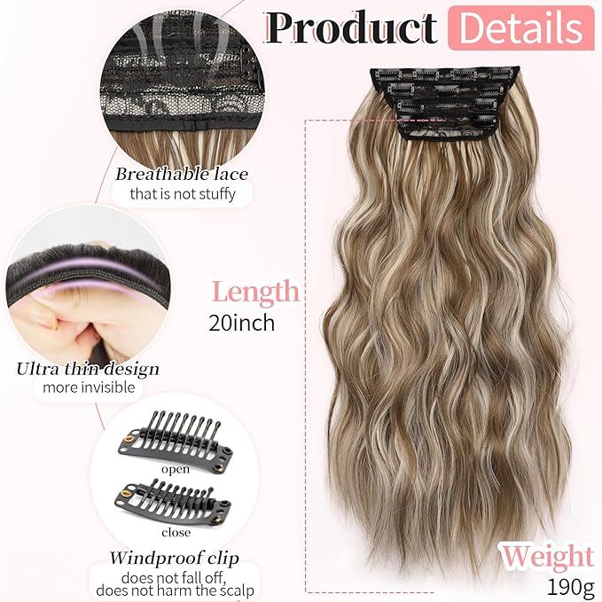 KooKaStyle Clip in Synthetic Hair Extensions Long Wavy 4PCS Thick Hairpieces Brown mix Ash Blonde P10/88 Fiber Double Weft Natural Hair Extensions 20 Inch for Women