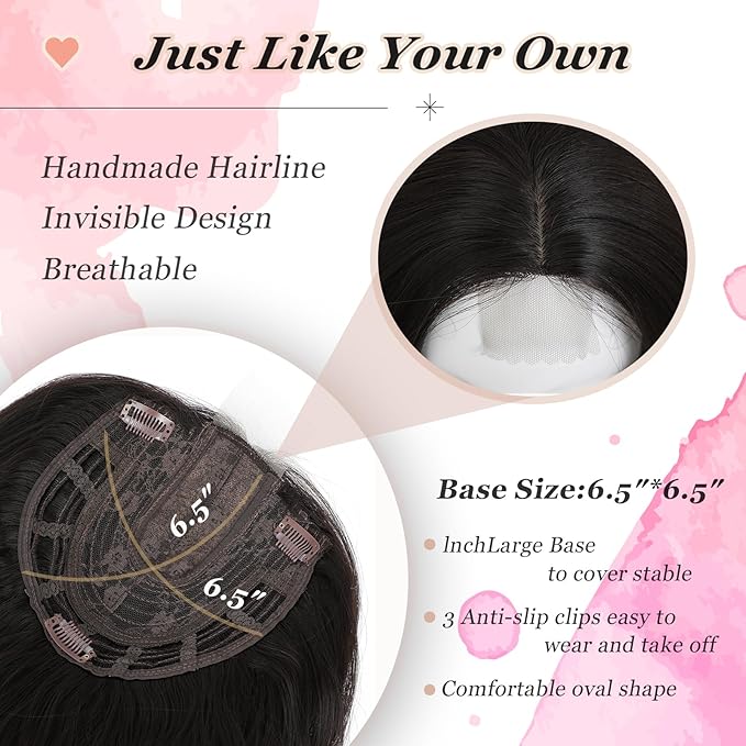 Hair Topper, 360° 3D Hair Toppers for Women with Thinning Crown, 20 Inch Long Wavy Curly Hair Pieces Clip in Bangs (Brown Black, 20 inch, Side Bangs)