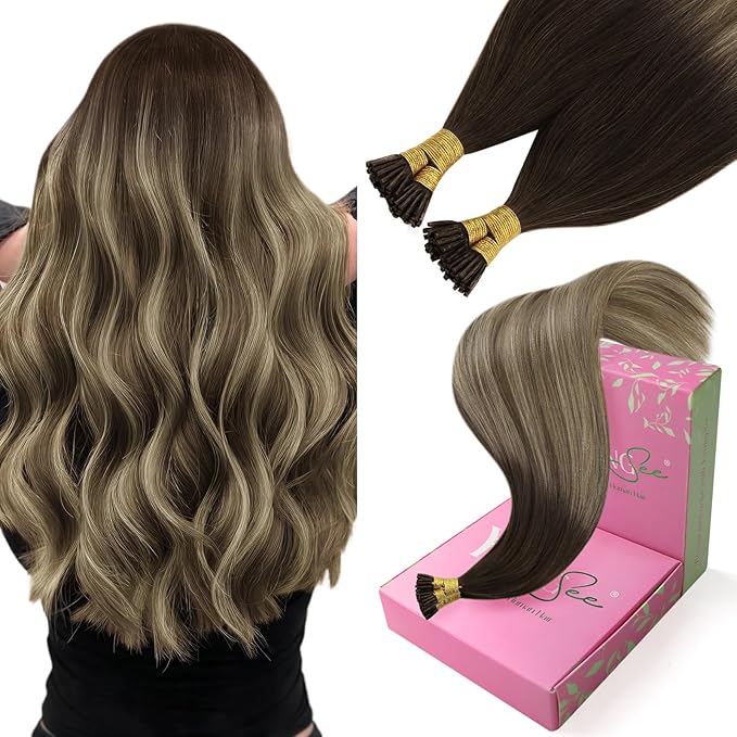 YoungSee I Tip Hair Extensions Human Hair Balayage Itip Hair Extension Real Human Hair Ombre 14 Inch Itip Human Hair Extension Dark Brown Ombre Brown Tip Hair Extension for Short Hair 80s 50g