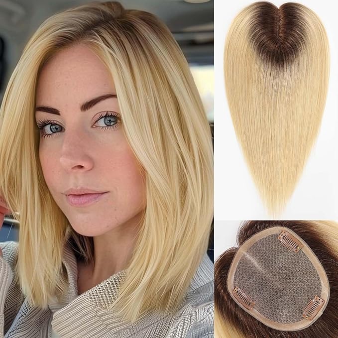 starluck Hair Toppers for Women Real Human Hair,5.5"*5"MONO Large Base,100% Real HumanHair Toppers for Women with Thinning,56g Hand-moven Topper,Gray Roots,High Volume,Ombre Light Blonde