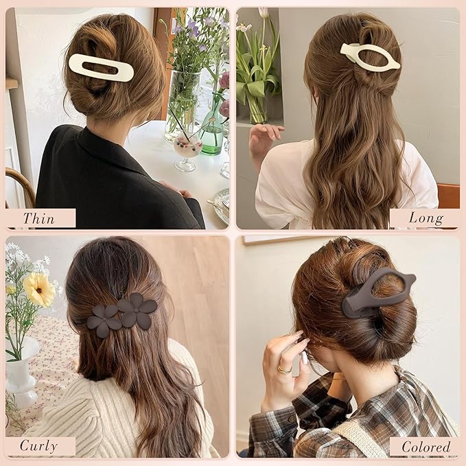 Obeoby 8 Pcs Flat Hair Clips for Women, 4 Types French Flat Claw Clips Hair Barrettes Accessories Large Medium (Off-white, Dark Brown)