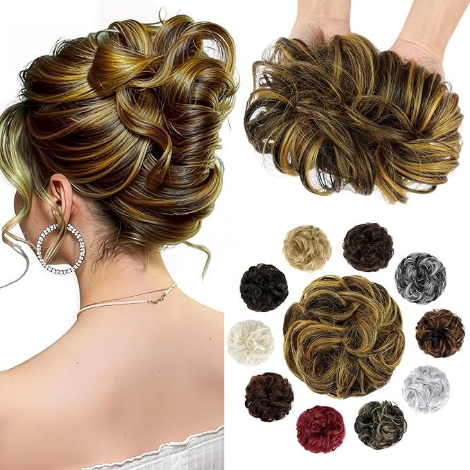 Messy Bun Hair Piece Wavy Curly Scrunchies Fluffy Donut Thick Updo Elegant Chignon Hairpieces for Women Girls, Dark Brown Mix Ginger 1.4oz