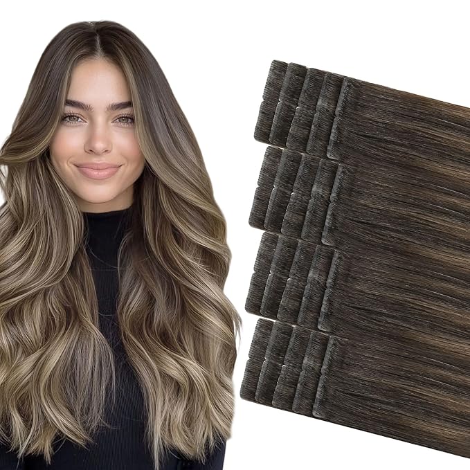 COOKAYU Invisible Tape in Hair Extensions, Balayage Dark Brown to Dirty Blonde 18Inch 20pcs 40g/pack Straight Real Human Hair Invisible Injected Tape in Extensions