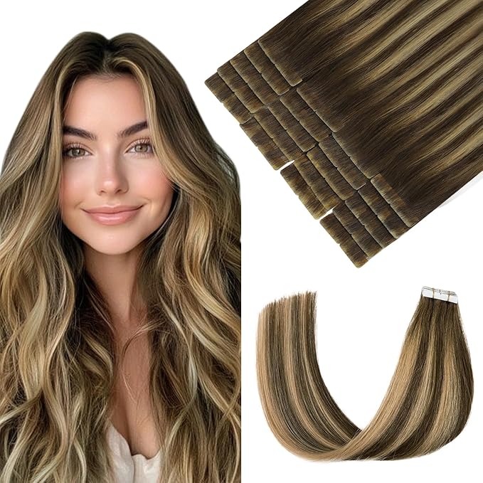 Pinkpearl Invisible Tape in Hair Extensions Human Hair, 20pcs 20inch 55g #4/27/4 Balayage Chocolate Brown to Caramel Blonde Injection Tape in Extensions Real Remy Seamless Human Hair Injected