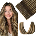 Pinkpearl Invisible Tape in Hair Extensions Human Hair, 20pcs 20inch 55g #4/27/4 Balayage Chocolate Brown to Caramel Blonde Injection Tape in Extensions Real Remy Seamless Human Hair Injected