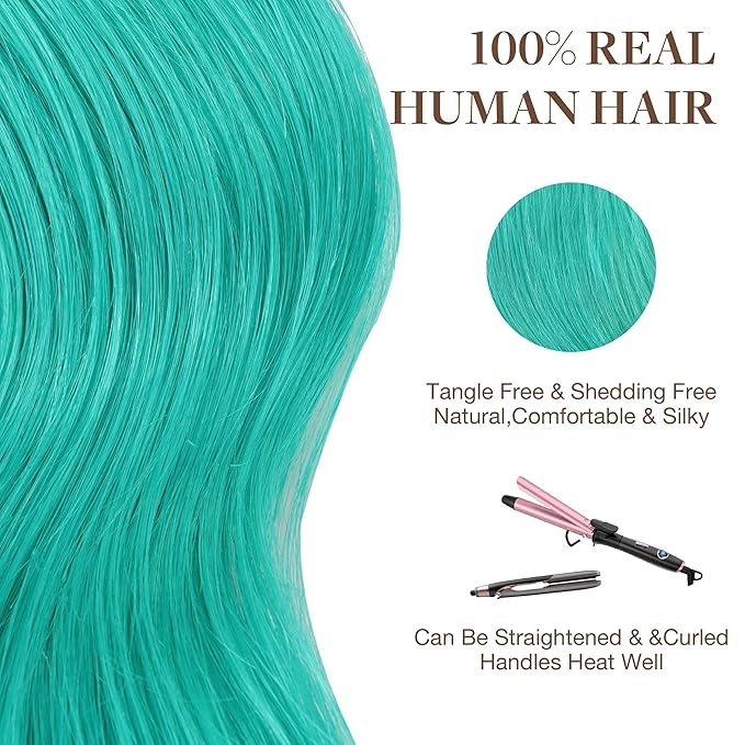 GOO GOO Tape in Hair Extensions Human Hair, Teal Green, 18inch 25g 10pcs, Colored Tape ins Human Hair Extensions, Silky&Soft Invisible Tape Ins, Hair Highlighted for Party