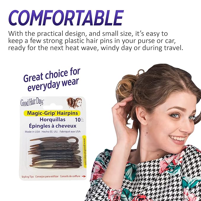 Good Hair Days Hair Pins - 2 1/2" Plastic, U-shaped Magic Grip Hairpins, Strong Durable Pins For Fine, Thick & Long Hair, Styling Accessories - Tortoise Shell, Set of 20