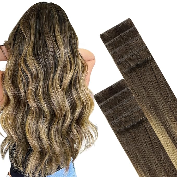 GOO GOO Invisi Edge Tape in Hair Extensions Human Hair, 4/27/4 Balayage Chocolate Brown to Caramel Blonde, 10pcs 16inch 25g, Virgin Remy Hair, Seamless Injected Tape, Natural Look