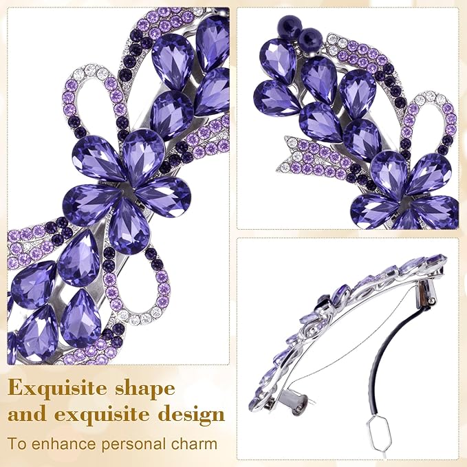 Joez Wonderful Rhinestone Hair Clip Sparkly Crystal Barrettes French Wedding Prom Engagement Pageant First Communion Hair Decorative Accessories for Women Long Hair (Bow Purple, 1 Pcs)