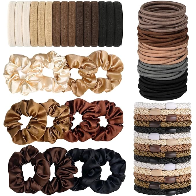 Hair Ties for women 4 popular styles Hair Elastics (15pcs No Damage Hair Ties 50pcs High Elastic Ties 15pcs Ponytail Holders 12 Satin Scrunchies) Pain-free No Crease multiple colors for all hair types