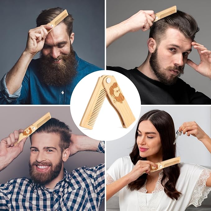 Folding Beard Comb for Men, Portable Bamboo Beard & Mustache Comb Hair Brush with Travel Pouch, Ideal Father’s Day, Birthday, Christmas Gift Stocking Stuffers for Him