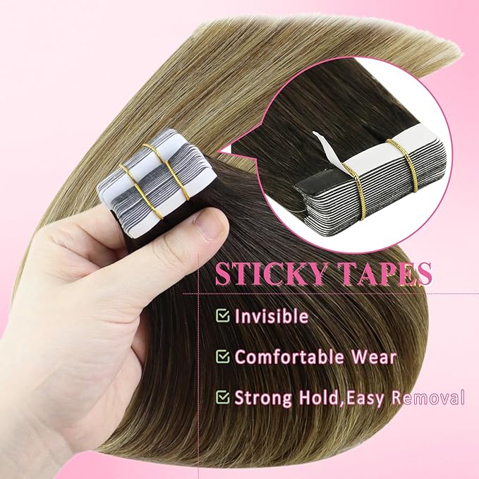 YoungSee Tape in Hair Extensions Real Human Hair Brown Balayage Tape in Hair Extensions Human Hair Dark Brown Ombre Blonde Tape-on Hair Extension Seamless Tapein Hair Extensions 50g 20pcs 18In