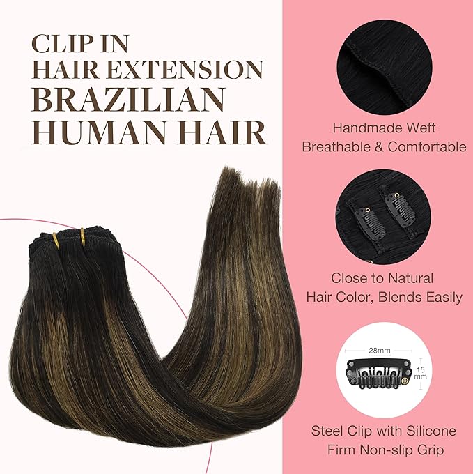 GOO GOO Clip in Hair Extensions Real Human Hair, Remy Human Hair Extensions Clip ins for Women, Natural Human Hair, 20inch 160g 7Pcs, #1B/6/1B Balayage Natural Black to Chestnut Brown