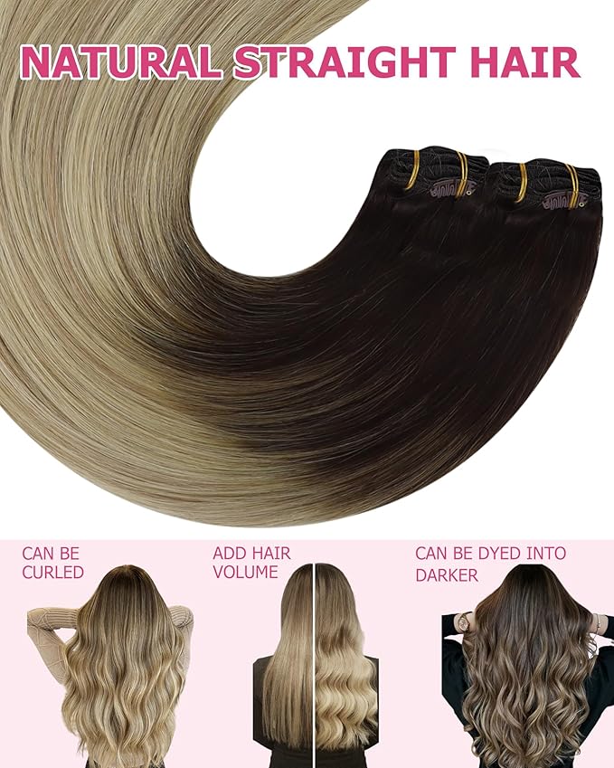 YoungSee 135G Clip in Human Hair Extension Ombre Real Hair Extension Clip in Human Hair Medium Brown Ombre Golden Blonde Mix Platinum Blonde Balayage Real Human Hair Extensions Clip ins 18Inch 7Pcs
