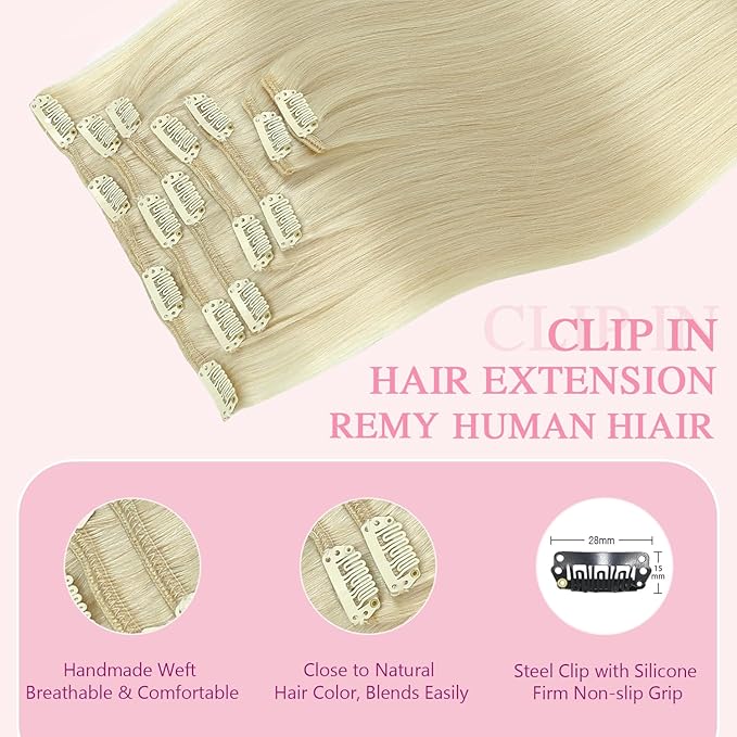 PINKPEARL Clip in Hair Extensions #60 Platinum Blonde Clip in Hair Extensions Real Human Hair 7pcs 120g 22inch Blonde Hair Extensios Clip ins for Women Straight Natural Human Hair Clip ins (#60-22)