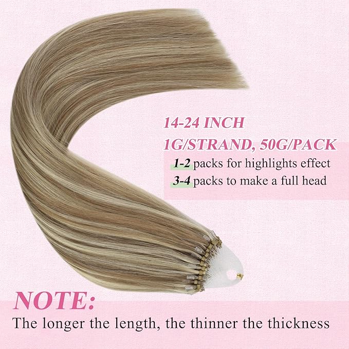 YoungSee Micro Beads Hair Extensions Brown Highlight Micro Loop Hair Extensions Human Hair Light Brown and Blonde Highlight Microlink Hair Extension Human Hair for Long Hair 24In 50s 50g