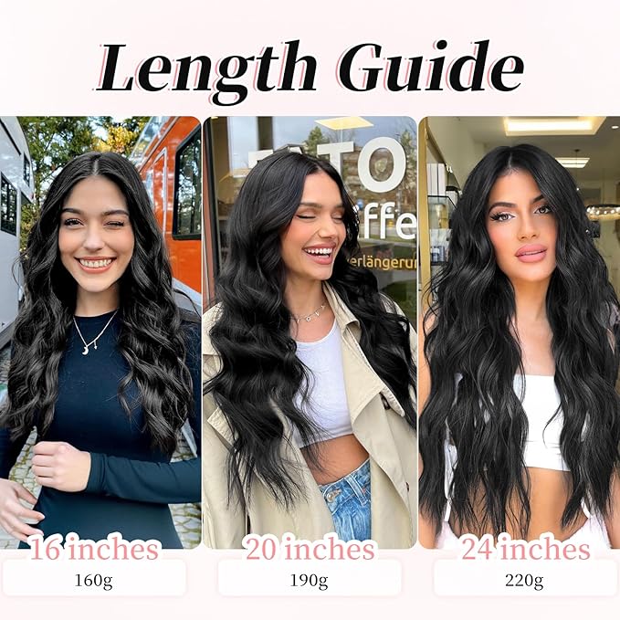 KooKaStyle Clip in Synthetic Hair Extensions Long Wavy 4PCS Thick Hairpieces Black Fiber Double Weft Natural Hair Extensions 20 Inch for Women