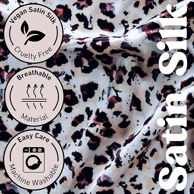 Satin Pillowcase Gift Set for Women – Brown Leopard, Silky Soft, Reduces Frizz | Includes Satin Eye Mask & Scrunchie | for Curly Hair, Sensitive Skin | Perfect